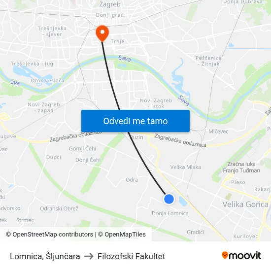 Lomnica, Šljunčara to Filozofski Fakultet map