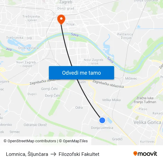Lomnica, Šljunčara to Filozofski Fakultet map