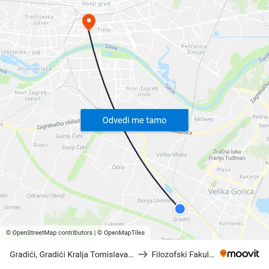 Gradići, Gradići Kralja Tomislava 85 to Filozofski Fakultet map