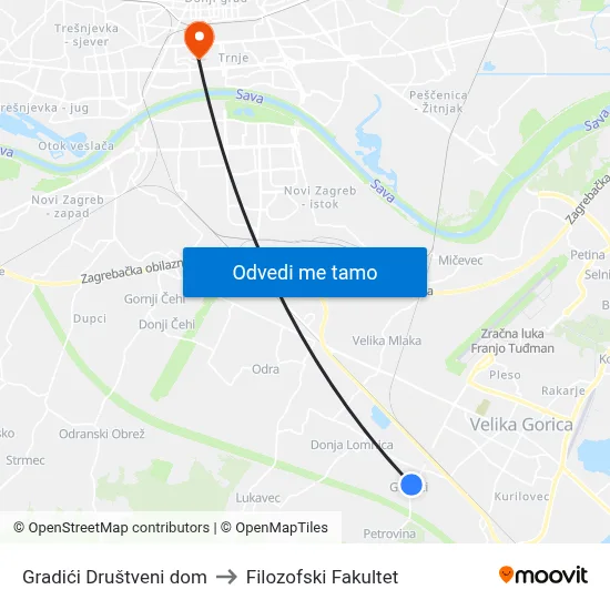 Gradići Društveni dom to Filozofski Fakultet map