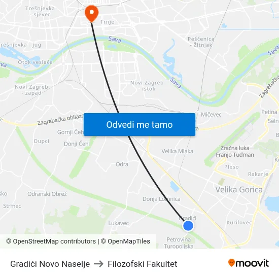 Gradići Novo Naselje to Filozofski Fakultet map