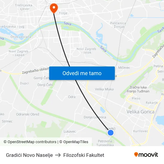 Gradići Novo Naselje to Filozofski Fakultet map
