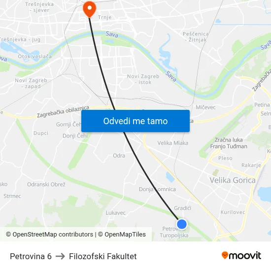 Petrovina 6 to Filozofski Fakultet map