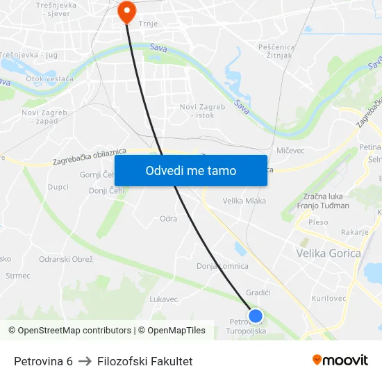 Petrovina 6 to Filozofski Fakultet map