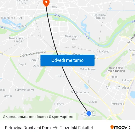 Petrovina Društveni Dom to Filozofski Fakultet map