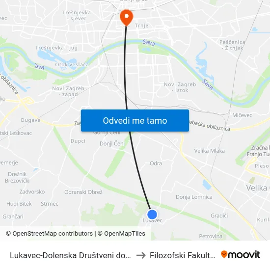 Lukavec-Dolenska Društveni dom to Filozofski Fakultet map