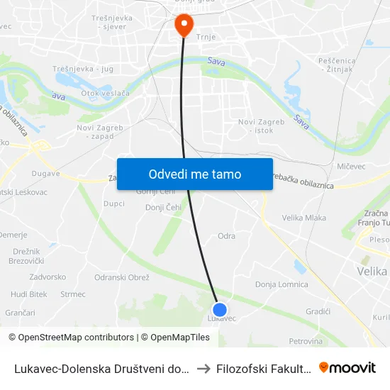 Lukavec-Dolenska Društveni dom to Filozofski Fakultet map
