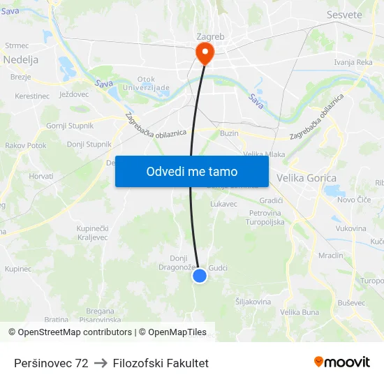 Peršinovec 72 to Filozofski Fakultet map