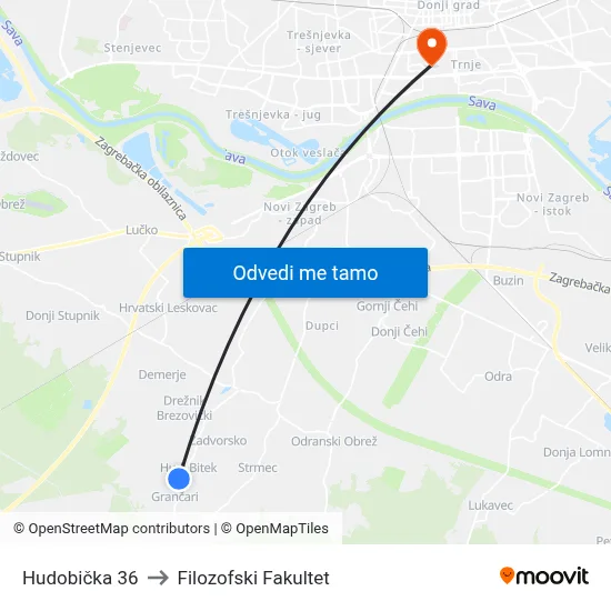 Hudobička 36 to Filozofski Fakultet map