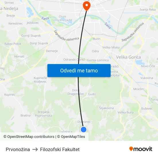Prvonožina to Filozofski Fakultet map