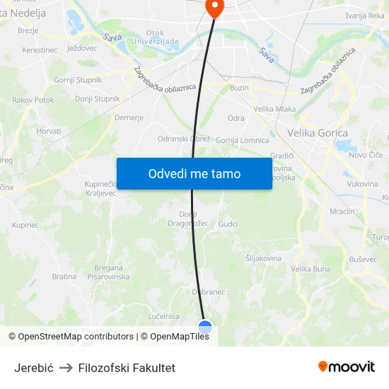 Jerebić to Filozofski Fakultet map