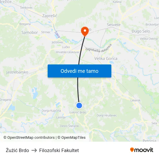 Žužić Brdo to Filozofski Fakultet map