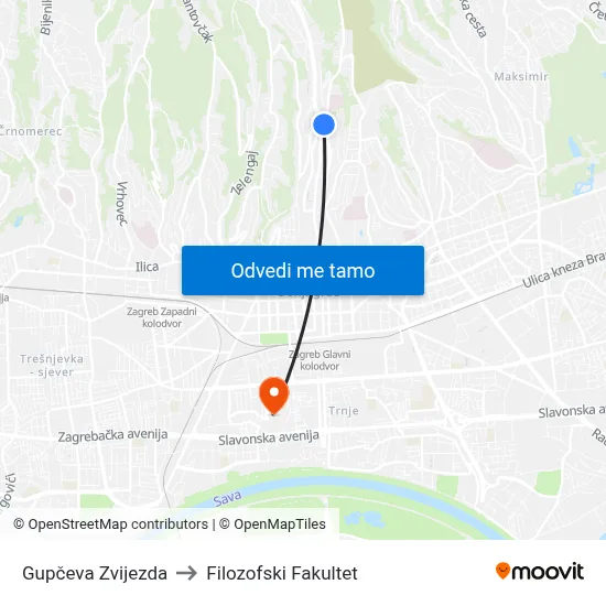 Gupčeva Zvijezda to Filozofski Fakultet map