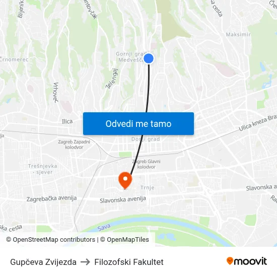 Gupčeva Zvijezda to Filozofski Fakultet map