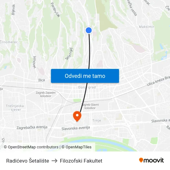Radićevo Šetalište to Filozofski Fakultet map