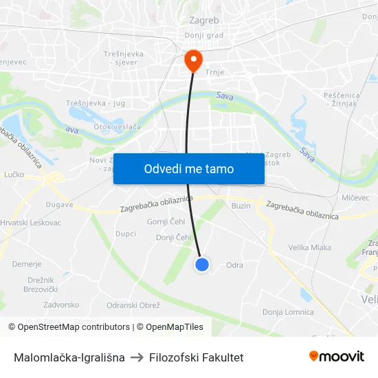 Malomlačka-Igrališna to Filozofski Fakultet map