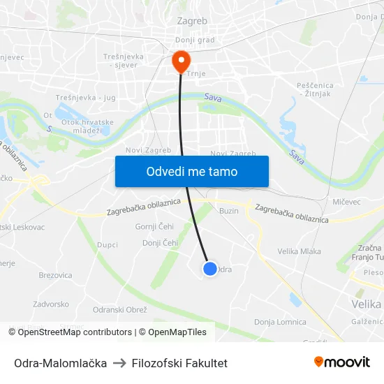 Odra-Malomlačka to Filozofski Fakultet map
