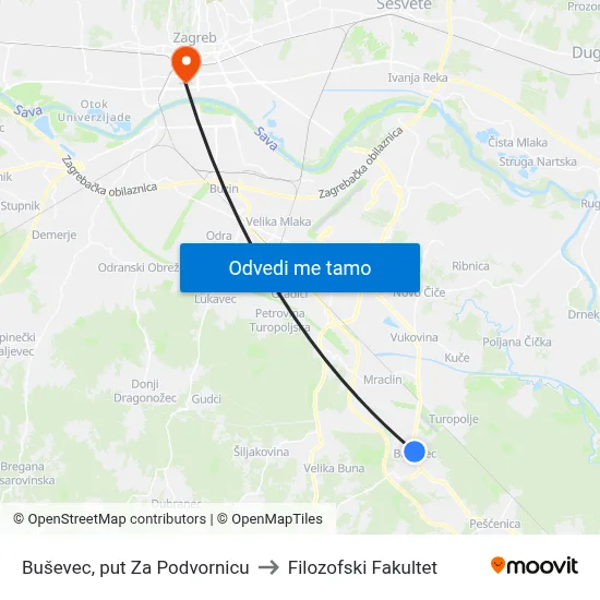 Buševec, put Za Podvornicu to Filozofski Fakultet map