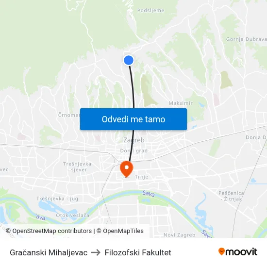 Gračanski Mihaljevac to Filozofski Fakultet map