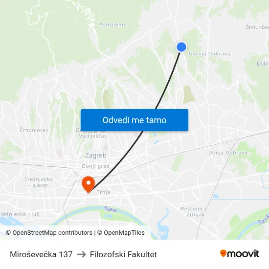 Miroševečka 137 to Filozofski Fakultet map