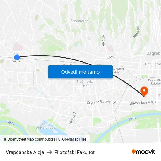 Vrapčanska Aleja to Filozofski Fakultet map