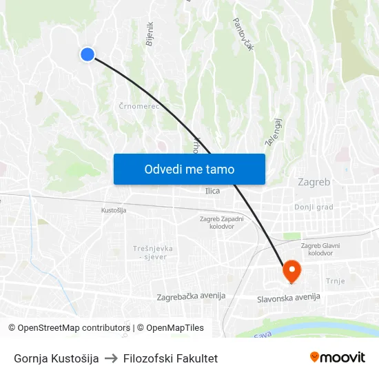 Gornja Kustošija to Filozofski Fakultet map