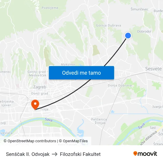 Senščak II. Odvojak to Filozofski Fakultet map