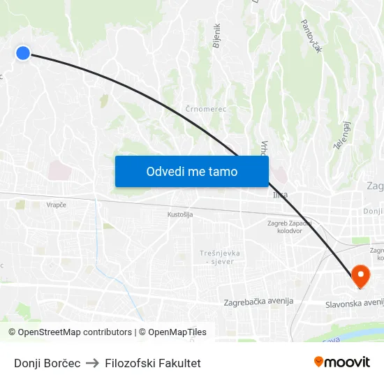 Donji Borčec to Filozofski Fakultet map