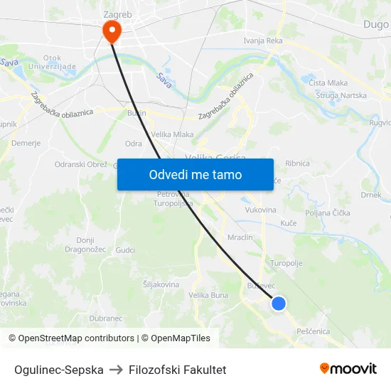 Ogulinec-Sepska to Filozofski Fakultet map