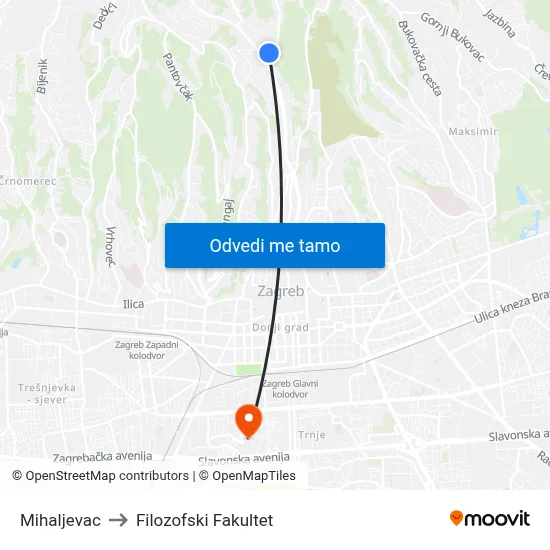 Mihaljevac to Filozofski Fakultet map