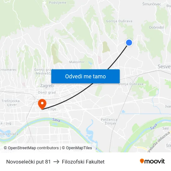 Novoselečki put 81 to Filozofski Fakultet map