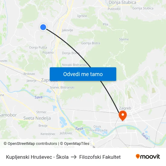 Kupljenski Hruševec - Škola to Filozofski Fakultet map