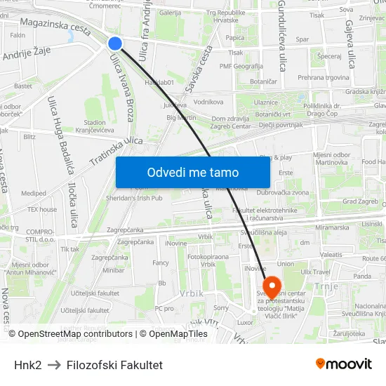 Hnk2 to Filozofski Fakultet map