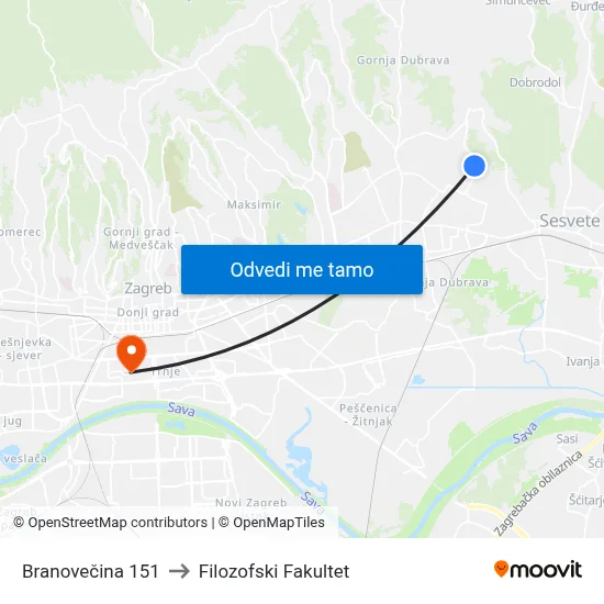 Branovečina 151 to Filozofski Fakultet map