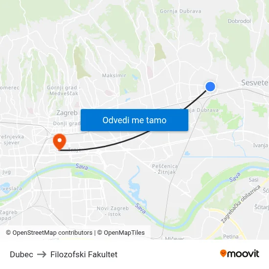 Dubec to Filozofski Fakultet map