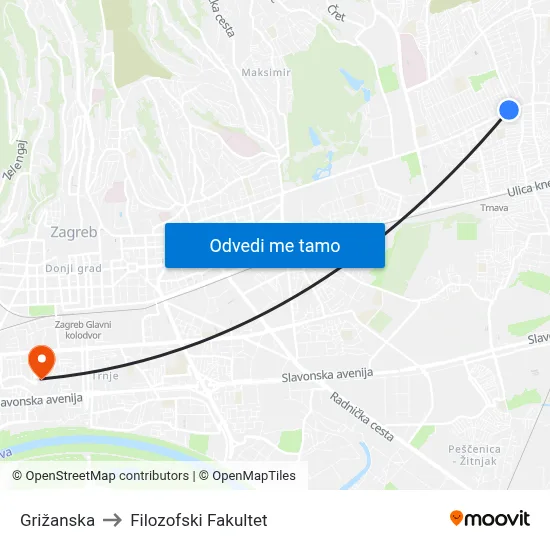 Grižanska to Filozofski Fakultet map