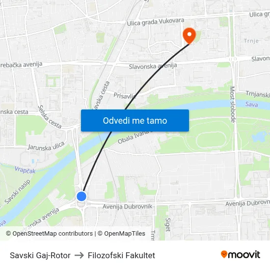 Savski Gaj-Rotor to Filozofski Fakultet map