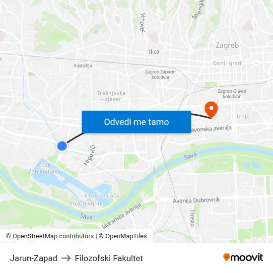 Jarun-Zapad to Filozofski Fakultet map