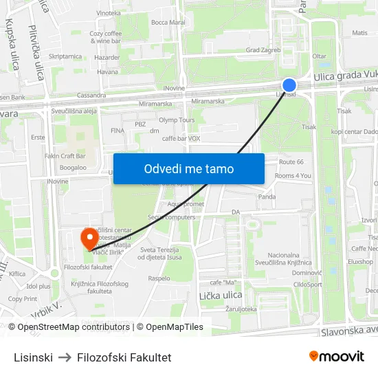 Lisinski to Filozofski Fakultet map