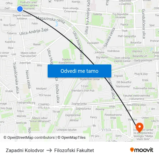 Zapadni Kolodvor to Filozofski Fakultet map