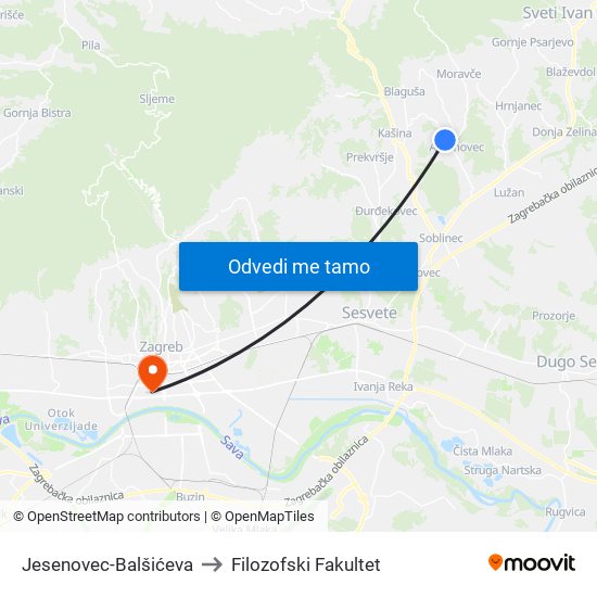 Jesenovec-Balšićeva to Filozofski Fakultet map