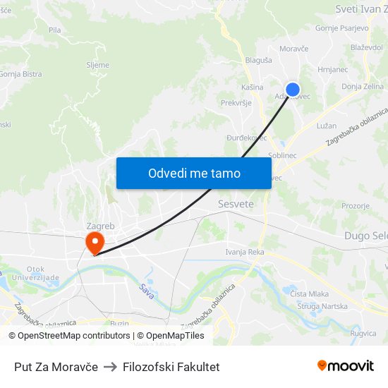 Put Za Moravče to Filozofski Fakultet map
