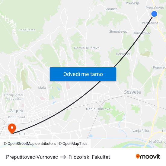 Prepuštovec-Vurnovec to Filozofski Fakultet map
