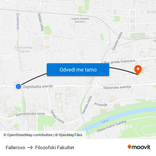 Fallerovo to Filozofski Fakultet map