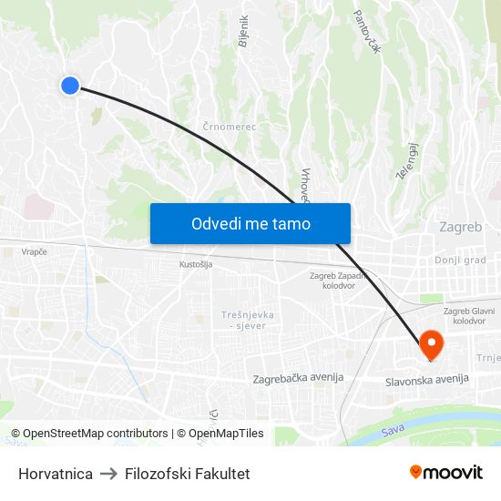 Horvatnica to Filozofski Fakultet map