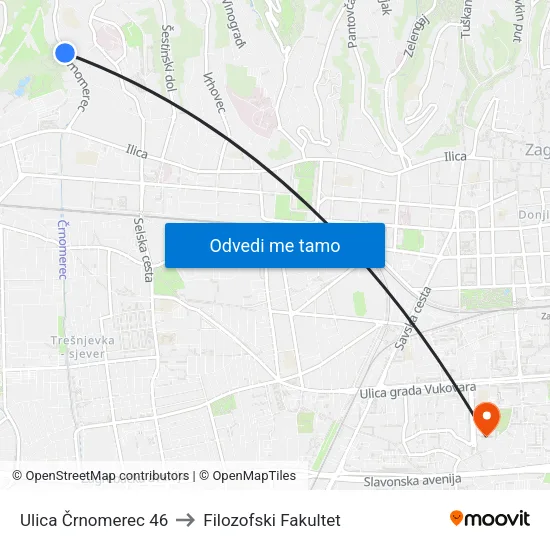 Ulica Črnomerec 46 to Filozofski Fakultet map