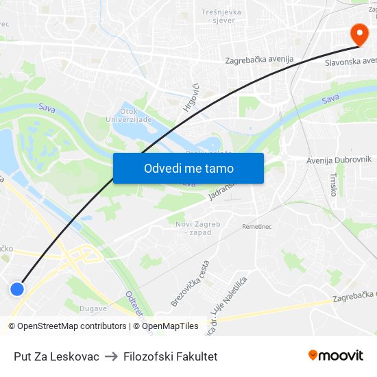 Put Za Leskovac to Filozofski Fakultet map