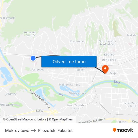 Mokrovićeva to Filozofski Fakultet map