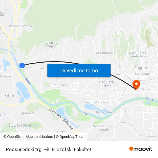 Podsusedski trg to Filozofski Fakultet map