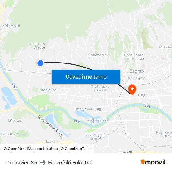 Dubravica 35 to Filozofski Fakultet map